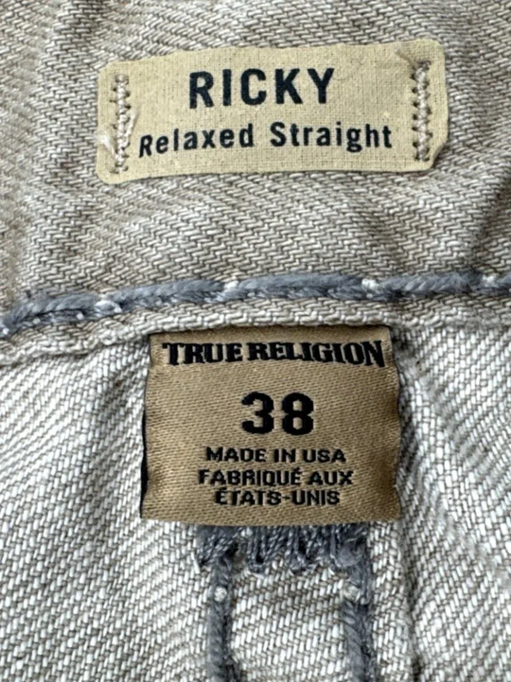 True Religion Tan Jeans Mens 38x34 Ricky Relaxed Denim Thick Stitch SuperT Flap